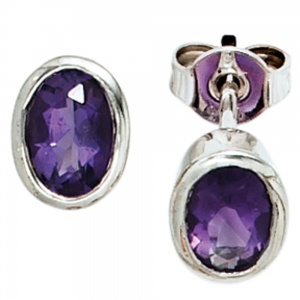 Ohrstecker oval 925 Sterling Silber rhodiniert 2 Amethyste lila violett Ohrringe