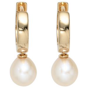 Preview: Creolen 925 Silber gold vergoldet 2 Süßwasser Perlen Ohrringe Perlenohrringe