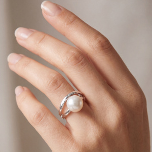 Preview: Damen Ring 925 Sterling Silber rhodiniert 1 Süßwasser Perle Perlenring