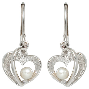 Preview: Ohrhänger Herz 925 Silber eismatt 2 Süßwasser Perlen Ohrringe Perlenohrringe