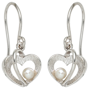 Preview: Ohrhänger Herz 925 Silber eismatt 2 Süßwasser Perlen Ohrringe Perlenohrringe