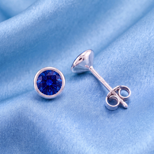 Preview: Ohrstecker rund 925 Sterling Silber 2 Zirkonia blau Ohrringe