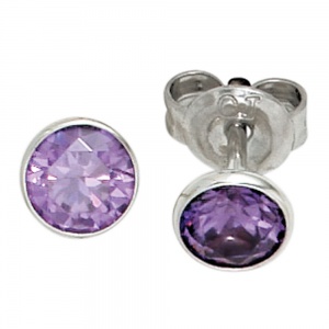 Ohrstecker rund 925 Sterling Silber rhodiniert 2 Zirkonia lila violett Ohrringe