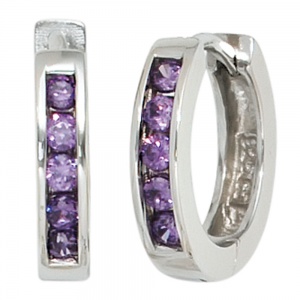 Creolen rund 925 Sterling Silber 10 Zirkonia lila violett Ohrringe Silbercreolen