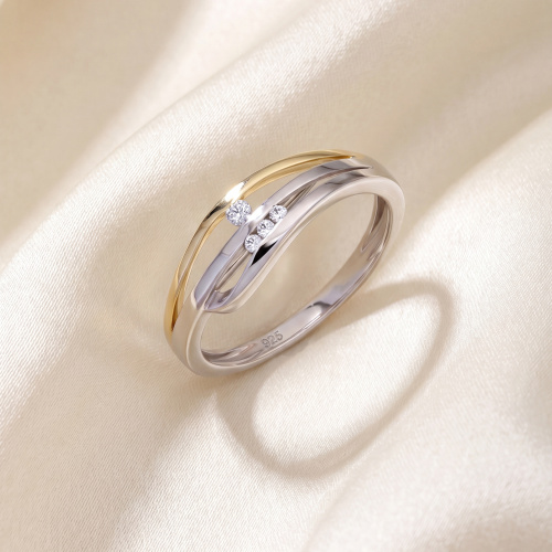 Preview: Damen Ring 925 Sterling Silber bicolor vergoldet 4 Zirkonia Silberring