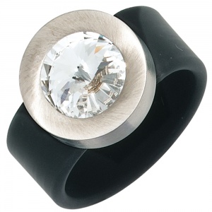 Damen Ring PVC mit Edelstahl kombiniert 1 Kristallstein schwarz