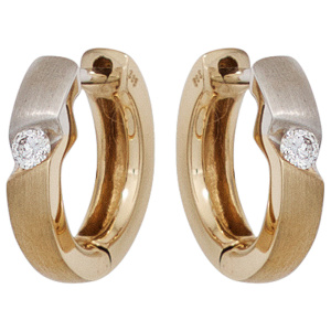 Preview: Creolen rund 585 Gold Gelbgold bicolor matt 2 Diamanten Brillanten Ohrringe