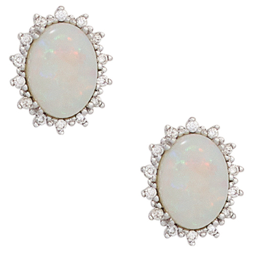 Preview: Ohrstecker oval 585 Gold Weißgold 2 Opal-Cabochons 28 Diamanten Brillanten