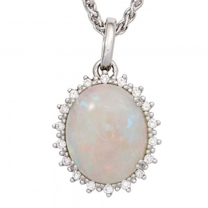 Anhänger oval 585 Gold Weißgold 1 Opal-Cabochon 18 Diamanten Brillanten 0,10ct.