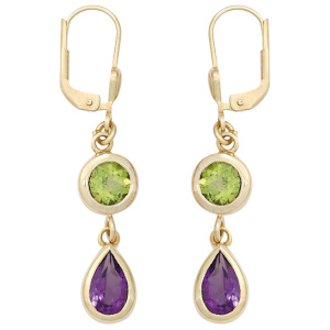 Boutons 585 Gold Gelbgold 2 Amethyste lila 2 Peridote grün Ohrringe Ohrhänger