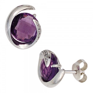 Ohrstecker 585 Weißgold 2 Amethyste lila violett 10 Diamanten Ohrringe