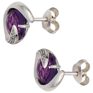 Preview: Ohrstecker 585 Weißgold 2 Amethyste lila violett 10 Diamanten Ohrringe