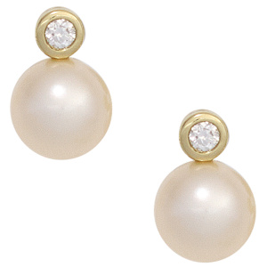 Preview: Ohrstecker 585 Gelbgold 2 Süßwasser Perlen 2 Diamanten Brillanten Ohrringe