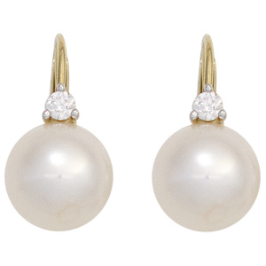Preview: Boutons 585 Gold Gelbgold 2 Süßwasser Perlen 2 Diamanten Ohrringe Ohrhänger