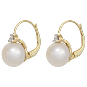 Preview: Boutons 585 Gold Gelbgold 2 Süßwasser Perlen 2 Diamanten Ohrringe Ohrhänger