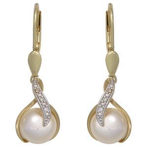 Preview: Boutons 585 Gold Gelbgold 2 Süßwasser Perlen 6 Diamanten Ohrringe Ohrhänger