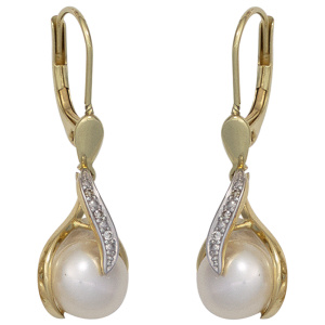 Preview: Boutons 585 Gold Gelbgold 2 Süßwasser Perlen 6 Diamanten Ohrringe Ohrhänger