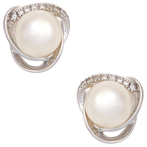 Preview: Ohrstecker 585 Weißgold 2 Süßwasser Perlen 16 Diamanten Brillanten Ohrringe