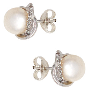 Preview: Ohrstecker 585 Weißgold 2 Süßwasser Perlen 16 Diamanten Brillanten Ohrringe