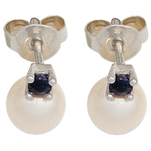 Ohrstecker 585 Gold Weißgold 2 Süßwasser Perlen 2 Safire blau Ohrringe