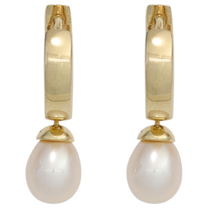 Preview: Creolen 333 Gold Gelbgold 2 Süßwasser Perlen Ohrringe Perlenohrringe