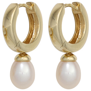 Preview: Creolen 333 Gold Gelbgold 2 Süßwasser Perlen Ohrringe Perlenohrringe