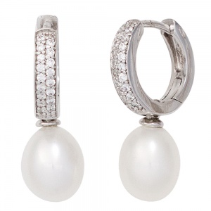 Creolen 925 Silber 2 Süßwasser Perlen mit Zirkonia Ohrringe Perlenohrringe