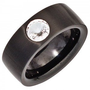 Damen Ring Edelstahl schwarz beschichtet mit Kristallstein