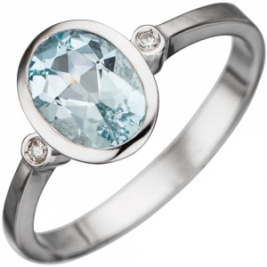 Damen Ring 585 Gold Weißgold 1 Aquamarin hellblau blau 2 Diamanten Weißgoldring