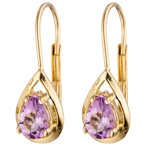 Preview: Boutons Tropfen 333 Gold Gelbgold 2 Amethyste lila violett Ohrringe Ohrhänger