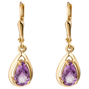 Preview: Boutons Tropfen 333 Gold Gelbgold 2 Amethyste lila violett Ohrringe Ohrhänger