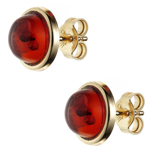 Preview: Ohrstecker rund 375 Gold Gelbgold 2 Bernsteine orange Ohrringe