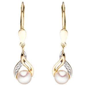 Preview: Boutons 585 Gold Gelbgold 2 Süßwasser Perlen 2 Diamanten Ohrringe Ohrhänger