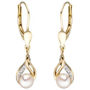 Preview: Boutons 585 Gold Gelbgold 2 Süßwasser Perlen 2 Diamanten Ohrringe Ohrhänger