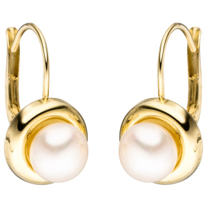 Preview: Boutons rund 333 Gold Gelbgold 2 Süßwasser Perlen Ohrringe Ohrhänger