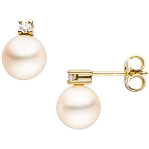 Ohrstecker 585 Gold Gelbgold 2 Süßwasser Perlen 2 Diamanten Brillanten Ohrringe