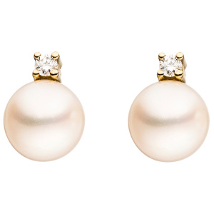 Preview: Ohrstecker 585 Gold Gelbgold 2 Süßwasser Perlen 2 Diamanten Brillanten Ohrringe