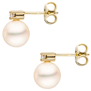Preview: Ohrstecker 585 Gold Gelbgold 2 Süßwasser Perlen 2 Diamanten Brillanten Ohrringe