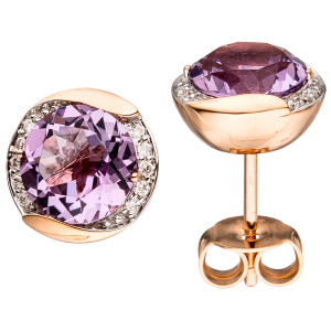 Ohrstecker rund 585 Gold Rotgold 20 Diamanten 2 Amethyste lila violett Ohrringe