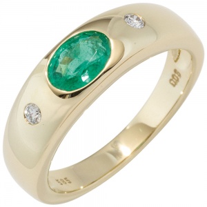 Damen Ring 585 Gold Gelbgold 1 Smaragd grün 2 Diamanten Brillanten Goldring