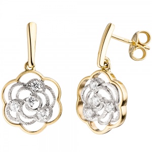 Ohrhänger Blume 333 Gold Gelbgold Weißgold bicolor mit Zirkonia Ohrringe