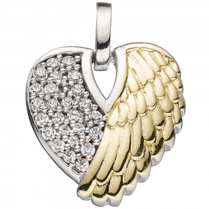 Anhänger Herz / Engelsflügel 925 Silber bicolor vergoldet mit 25 Zirkonia