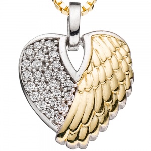 Anhänger Herz / Engelsflügel 925 Silber bicolor vergoldet mit 25 Zirkonia