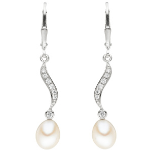 Preview: Boutons 925 Silber 2 Süßwasser Perlen mit 14 Zirkonia Ohrhänger Perlenohrringe