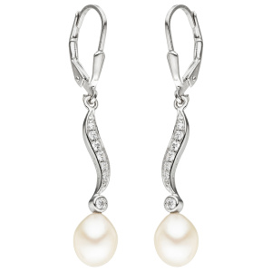 Preview: Boutons 925 Silber 2 Süßwasser Perlen mit 14 Zirkonia Ohrhänger Perlenohrringe