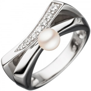 Damen Ring 925 Sterling Silber 1 Süßwasser Perle mit Zirkonia Perlenring