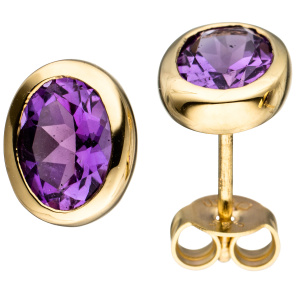 Ohrstecker oval 585 Gold Gelbgold 2 Amethyste lila violett Ohrringe Goldohrringe