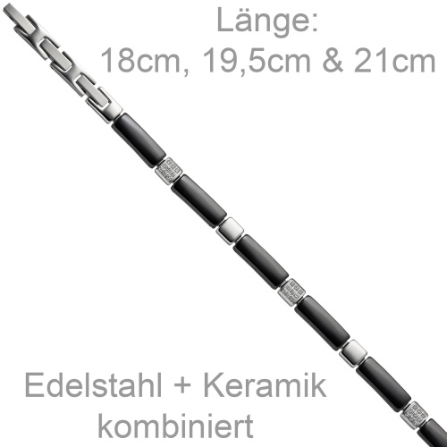 Armband aus Keramik schwarz mit Edelstahl und 27 Zirkonia 21 cm verkürzbar