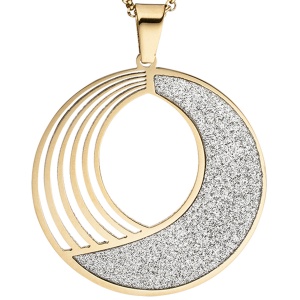 Collier Kette mit Anhänger rund Edelstahl gold farben mit Glitzer-Effekt 80 cm