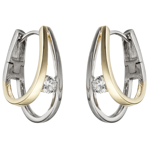 Preview: Creolen 925 Sterling Silber bicolor vergoldet 2 Zirkonia Ohrringe